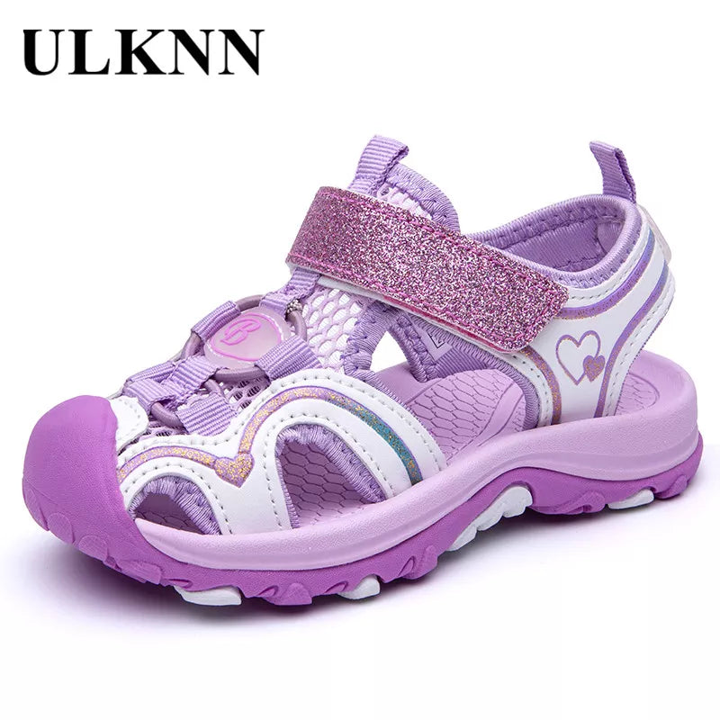 ULKNN Girl'S Sandals 2023 Fashion Summer Shoe Big KIDS Closed-toe Sports Beach Shoes Baby PURPLE PINK BAOTOU SANDALS