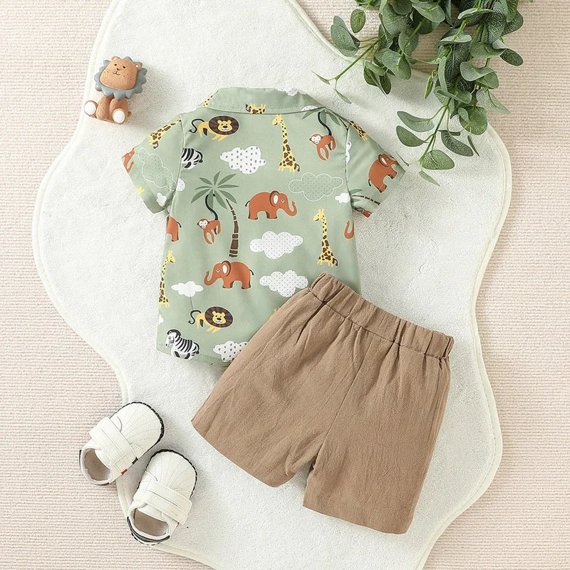 Baby Boys Gentlemen Clothes Suit Short Sleeve Lapel Collar Animal Print Shirt Solid Color Elastic Pants Summer Casual Outfits