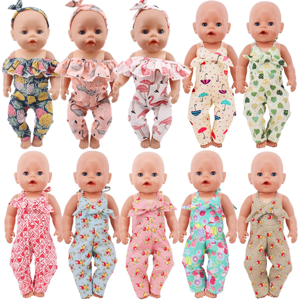 Doll Clothes Cute Print Lacing Jumpsuits Fit 18Inch American Doll Girl ,43cm New Reborn Baby Doll Accessoires ,Generation Toys