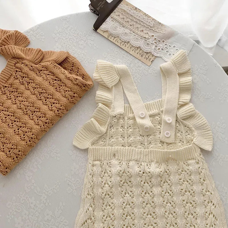 Autumn Spring Children Clothes Toddler Baby Girl Romper Sleeveless Solid Color Hollowed Out Knitting Infant Baby Girls Jumpsuit