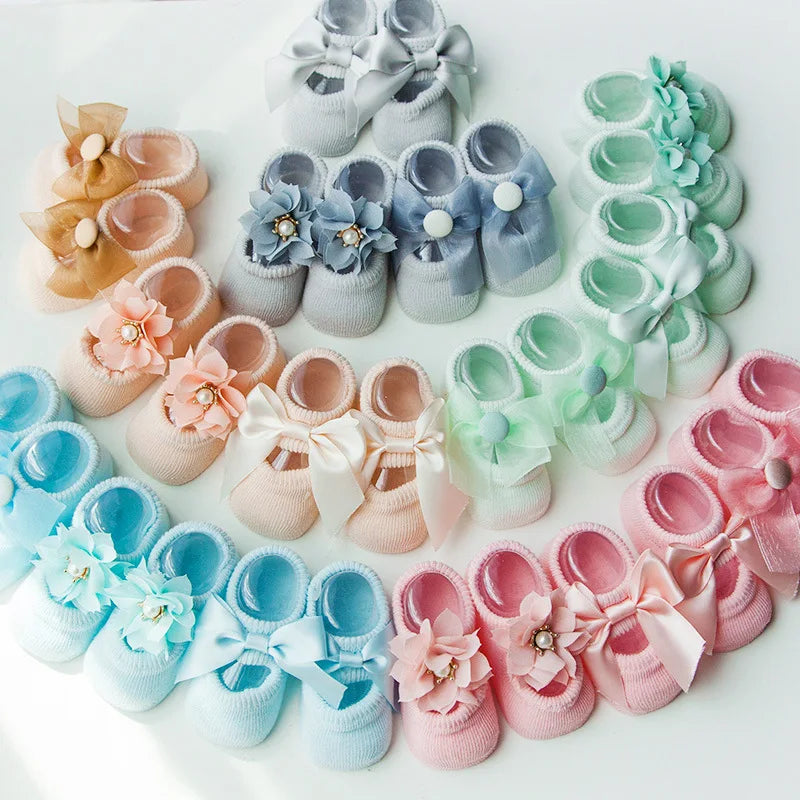 3 Pairs/set Newborn Baby Socks Lace Flower Bowknot Baby Girl Socks Soft Cotton Rubber Sole Anti Slip Toddler Shoes Baby Shoes