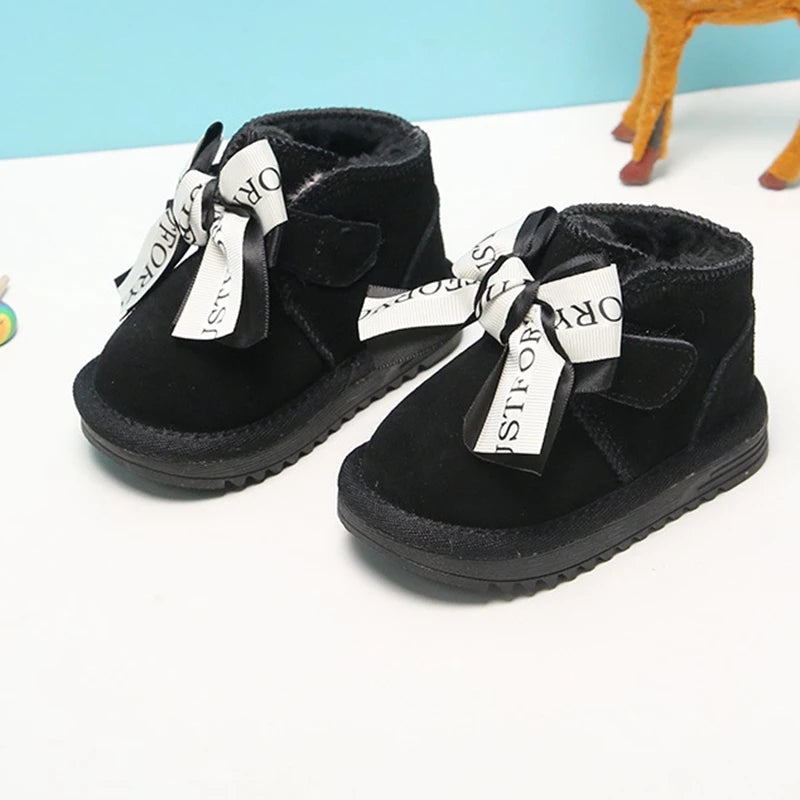 Claladoudou 12-18CM Brand Suede Winter Shoes Baby Black Red Princess Cute Bow Ruffle Toddler Fringe Boots Infant Winter Flats
