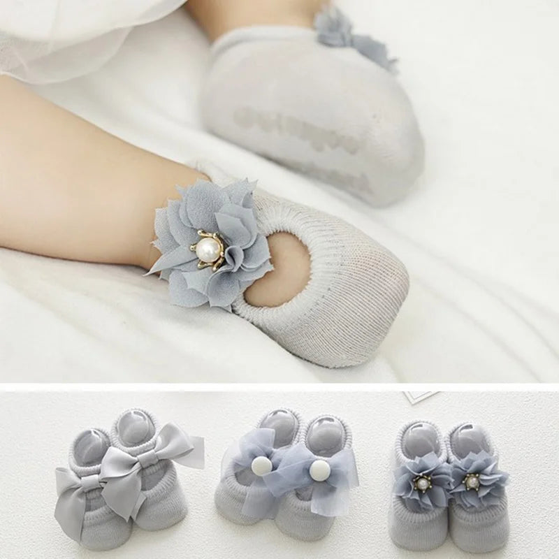 3 Pairs/set Newborn Baby Socks Lace Flower Bowknot Baby Girl Socks Soft Cotton Rubber Sole Anti Slip Toddler Shoes Baby Shoes