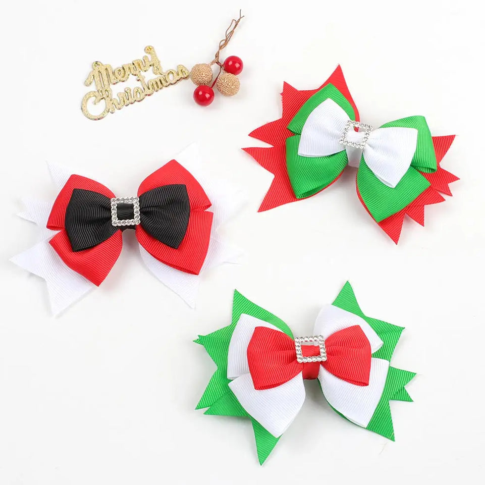 5" Christmas 3 Layers Bows Hair Clips Baby Girls Solid Crystal Bows Hairpins For Kids Women Hairgrip Barrettes Hair Accessoires