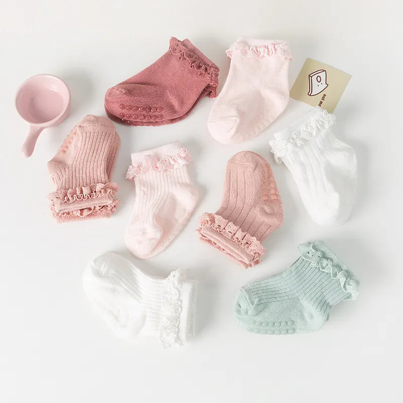 3 Pairs/Lot Baby Socks Infant Newborn Socks Cotton Solid Color Lace Ruffle Baby Floor Socks Baby Girls Socks Clothes Accessories
