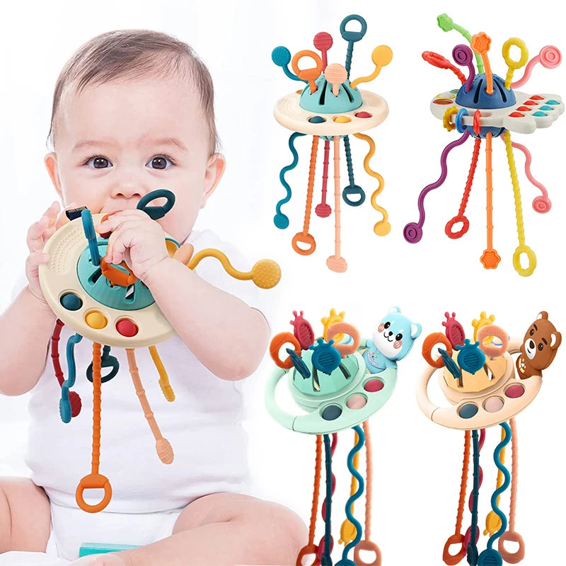 Development Baby Rattle Teether Toys Montessori Silicone Pull String Games Baby Toys 1 Year Teething Toys For Babies 6 12 Months
