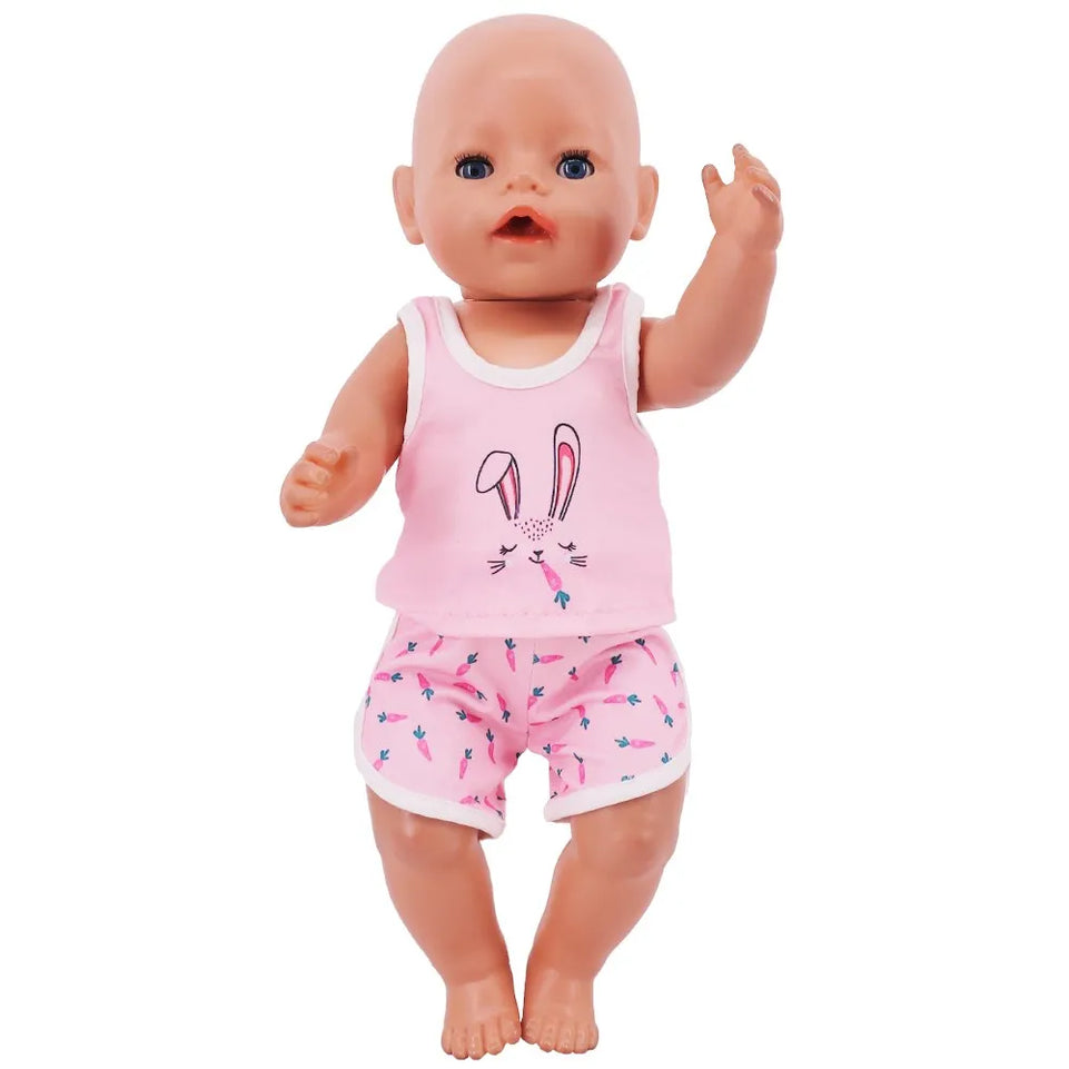 Doll Clothes Cat Unicorn Panda Printed Vest Top Doll Accessoires Shorts Fit 18Inch American Doll Girl&43Cm Reborn Baby Doll Gift
