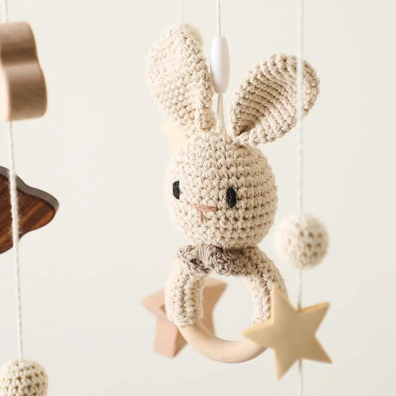 Baby Wooden Bed Bell Cartoon Rabbit Mobile Hanging Rattles Toy Hanger Crib Mobile Bed Bell Wood Toy Holder Arm Bracket Kid Gifts