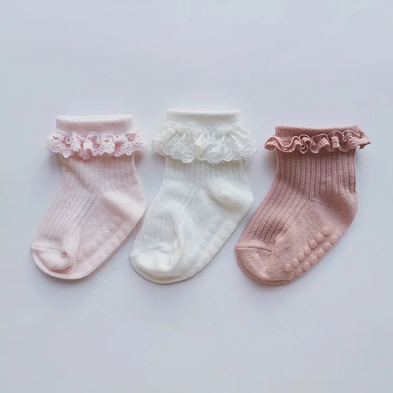 3 Pairs/Lot Baby Socks Infant Newborn Socks Cotton Solid Color Lace Ruffle Baby Floor Socks Baby Girls Socks Clothes Accessories